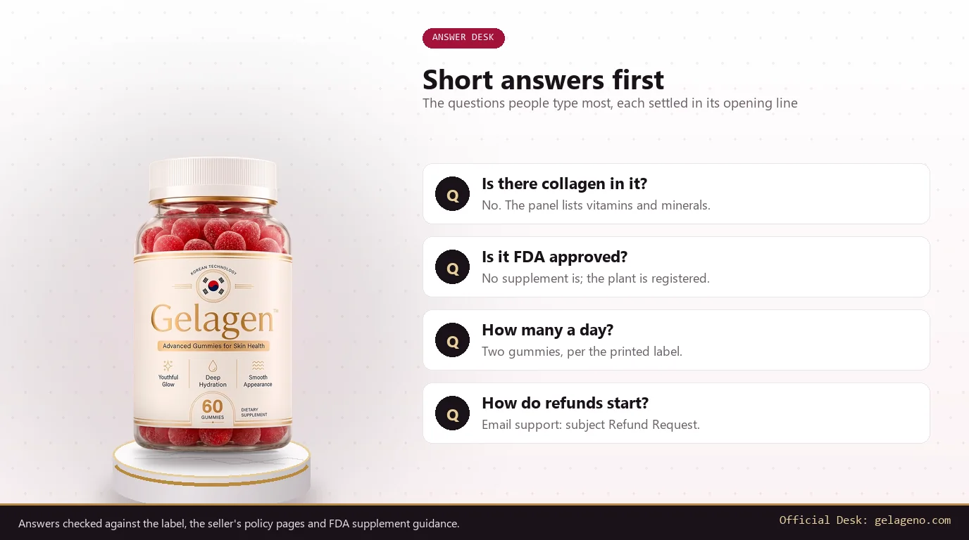 Gelagen bottle on a marble plinth beside four question cards about collagen, FDA approval, dose and refunds