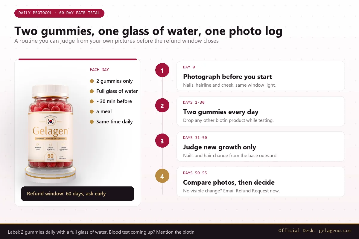 Daily protocol infographic: Gelagen bottle on a marble plinth with the two-gummy routine and a four-step 60-day photo-log timeline